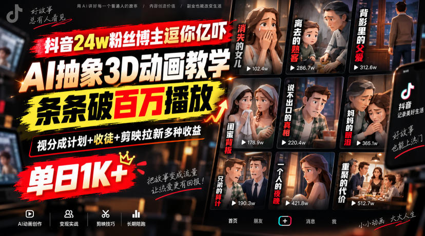 抖音24w粉丝博主逗你亿吓AI抽象3D动画教学，条条破百万播放，分成计划+收徒+剪映拉新多种收益，单日1K+-副业网