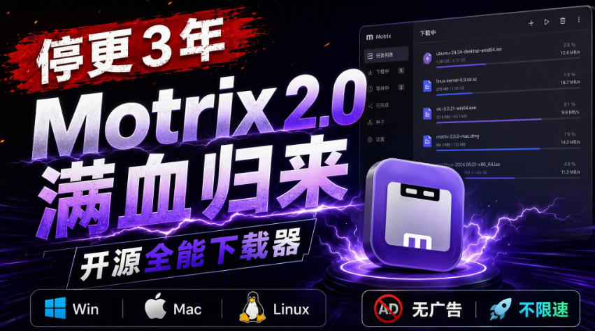 停更3年,Motrix 2.0满血归来:开源全能下载器,Win/Mac/Linux通吃,无广告不限速-副业网