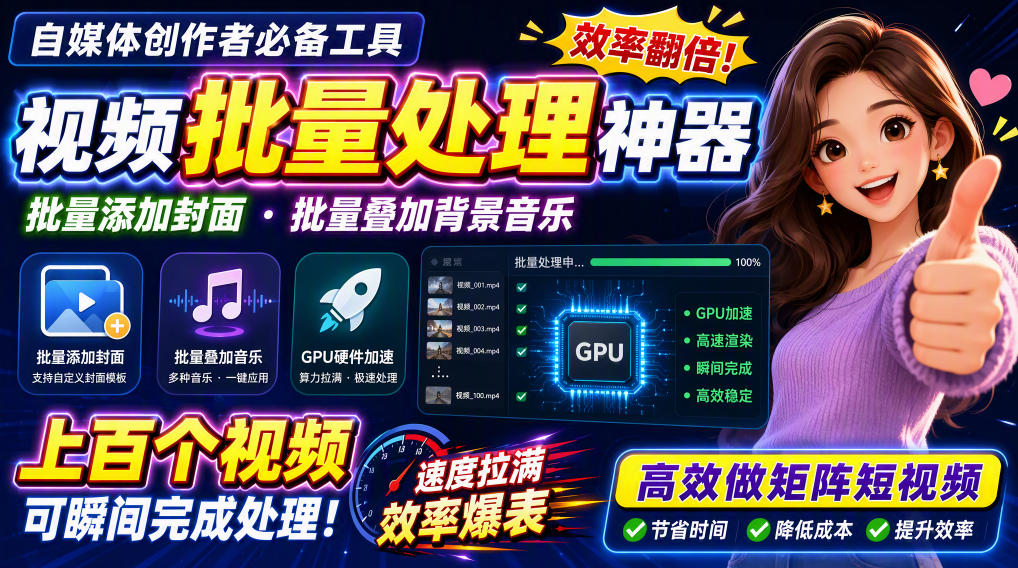 视频批量加封面,把封面添加到视频第一帧,不用剪辑软件批量添加-副业网
