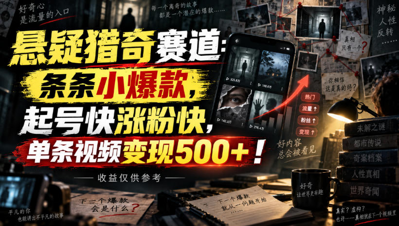 悬疑猎奇赛道:条条小爆款,起号快涨粉快,单条视频变现500+!收益仅供参考-副业网