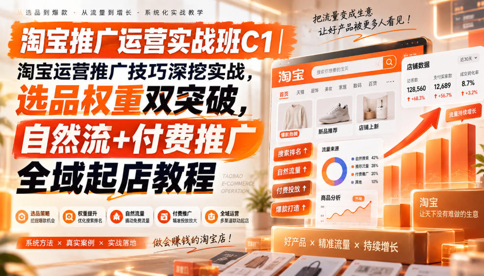淘宝推广运营实战班C1|淘宝运营推广技巧深挖实战,选品权重双突破,自然流+付费推广全域起店教程-副业网