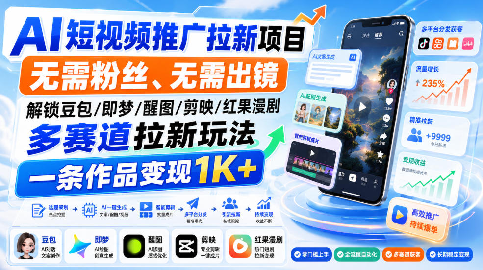AI短视频推广拉新项目,无需粉丝、无需出镜,解锁豆包/即梦/醒图/剪映/红果漫剧多赛道拉新玩法,一条作品变现1K+(更新0910)-副业网