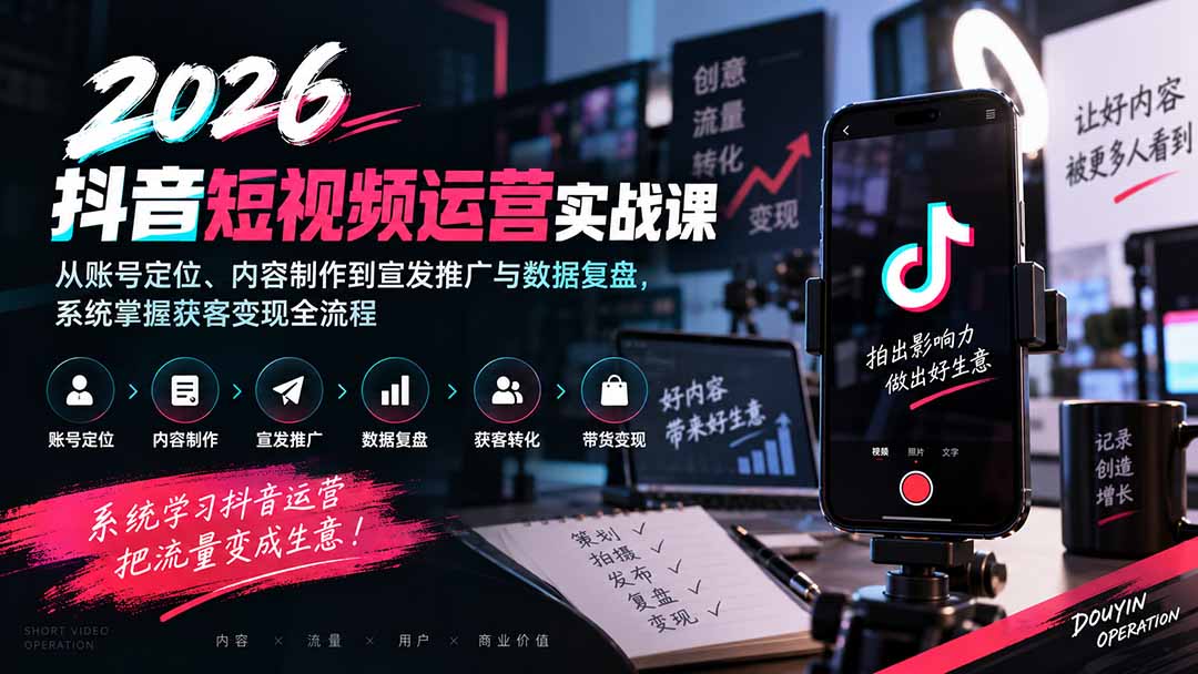 2026抖音短视频运营实战课:从账号定位、内容制作到宣发推广与数据复盘,系统掌握获客变现全流程-副业网