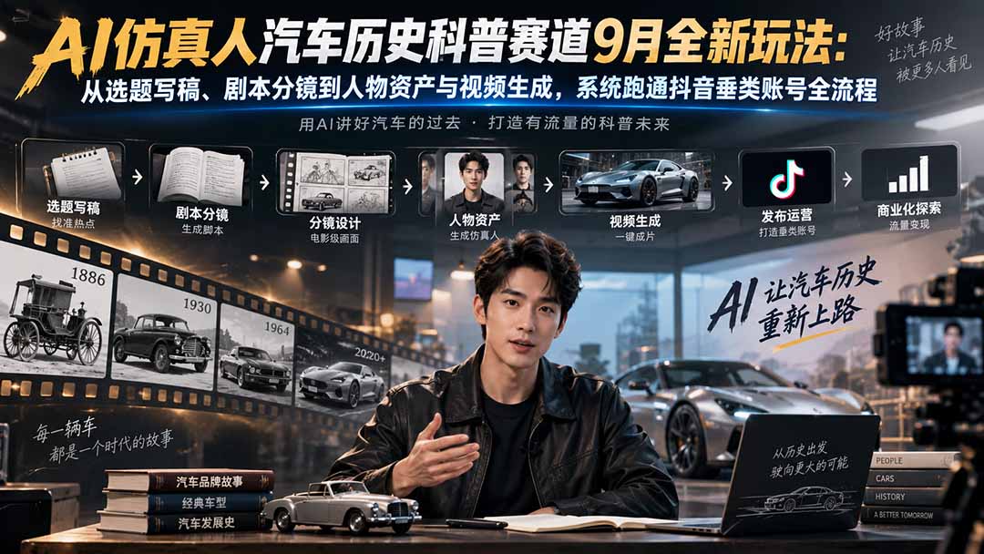 AI仿真人汽车历史科普赛道9月全新玩法:从选题写稿、剧本分镜到人物资产与视频生成,系统跑通抖音垂类账号全流程-副业网