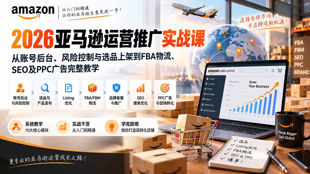 2026亚马逊运营推广实战课:从账号后台、风险控制与选品上架到FBA物流、SEO及PPC广告完整教学-副业网