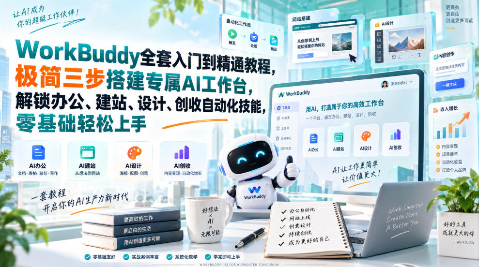 WorkBuddy全套入门到精通教程,极简三步搭建专属AI工作台,解锁办公、建站、设计、创收自动化技能,零基础轻松上手-副业网