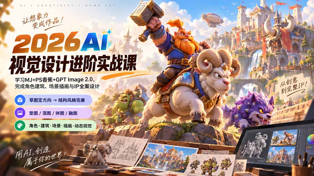 2026AI视觉设计进阶实战课-更新:学习MJ+PS香蕉+GPT Image 2.0,完成角色建筑、场景插画与IP全案设计-副业网