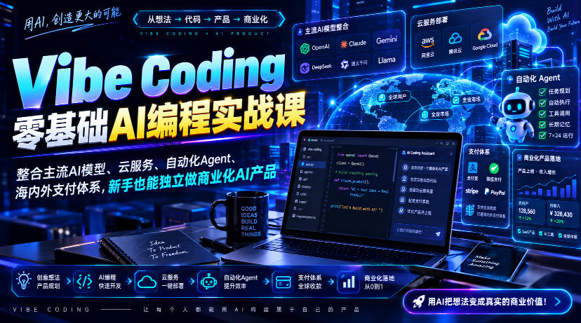 Vibe Coding零基础AI编程实战课-无水印,整合主流AI模型、云服务、自动化Agent、海内外支付体系,新手也能独立做商业化AI产品-副业网