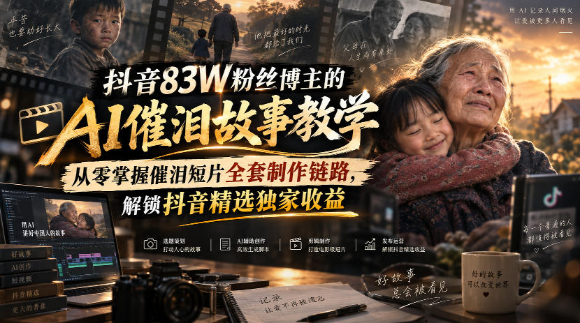 抖音83W粉丝博主的AI催泪故事教学,从零掌握催泪短片全套制作链路,解锁抖音精选独家收益-副业网