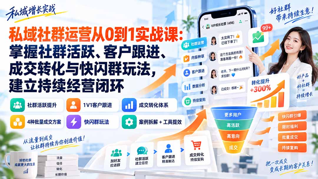 私域社群运营从0到1实战课:掌握社群活跃、客户跟进、成交转化与快闪群玩法,建立持续经营闭环-副业网