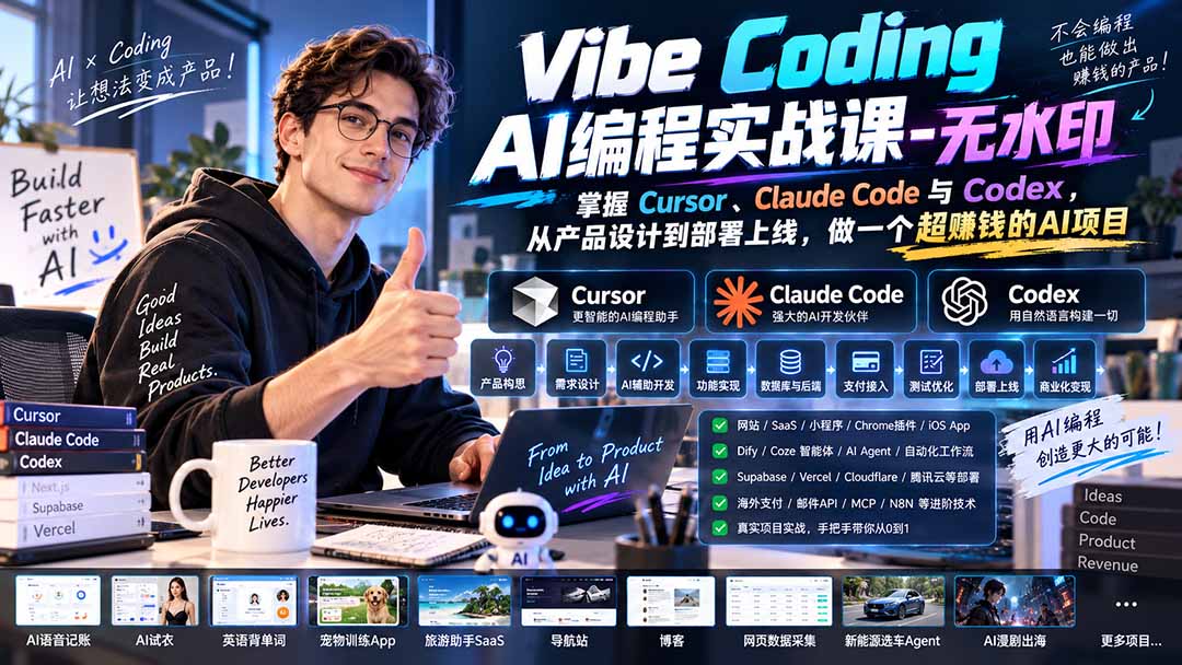 Vibe Coding AI编程实战课-无水印:掌握Cursor、Claude Code与Codex,从产品设计到部署上线,做一个超赚钱的AI项目-副业网
