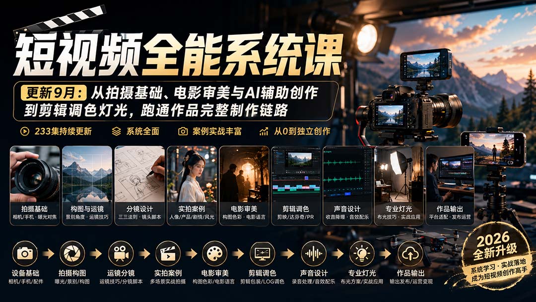 短视频全能系统课-9月完整版:从拍摄基础、电影审美与AI辅助创作到剪辑调色灯光,跑通作品完整制作链路-副业网