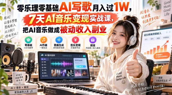 零乐理零基础AI写歌月入过1W,7天AI音乐变现实战课,把AI音乐做成被动收入副业-副业网