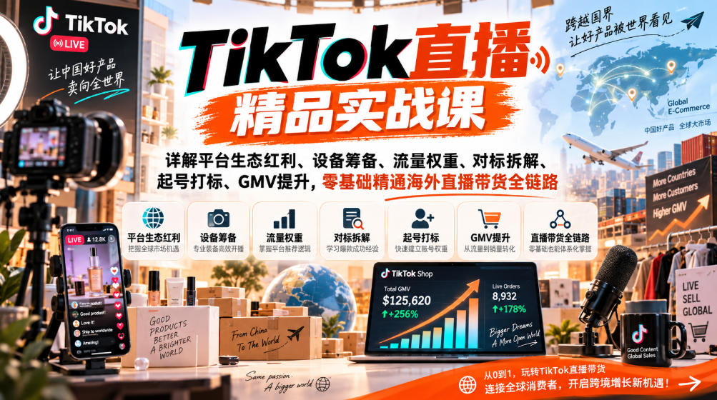 TikTok直播精品实战课,详解平台生态红利、设备筹备、流量权重、对标拆解、起号打标、GMV提升,零基础精通海外直播带货全链路-副业网