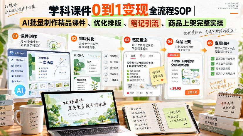学科课件0到1变现全流程SOP|AI批量制作精品课件、优化排版、笔记引流、商品上架完整实操-副业网