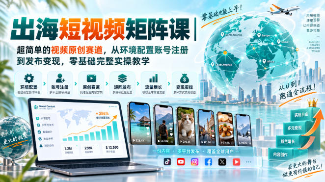 出海短视频矩阵课|超简单的视频原创赛道,从环境配置账号注册到发布变现,零基础完整实操教学-副业网
