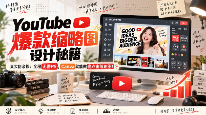 YouTube爆款缩略图设计秘籍,某油管大佬(610万订阅者)亲授,全程无需PS,Canva就能做高点击缩略图!【原创双语字幕】-副业网