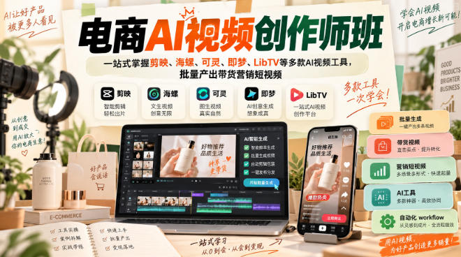电商AI视频创作师班,一站式掌握剪映、海螺、可灵、即梦、LibTV等多款AI视频工具,批量产出带货营销短视频-副业网