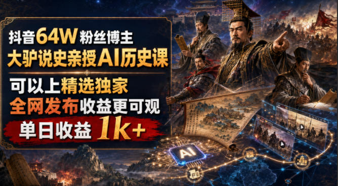 抖音64W粉丝博主大驴说史亲授AI历史课,可以上精选独家,全网发布收益更可观,单日收益1k+(更新)-副业网