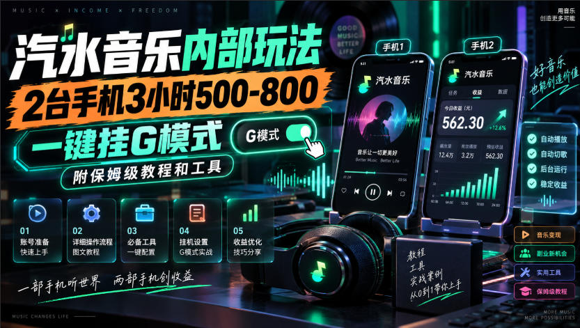 汽水音乐内部玩法，2台手机3小时500-800，一键挂G模式，附保姆级教程和工具【揭秘】-副业网