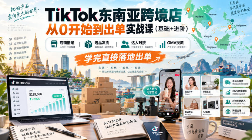 TikTok东南亚跨境店从0开始到出单实战课(基础+进阶),店铺搭建、选品发货、达人对接、GMV投流,学完直接落地出单-副业网