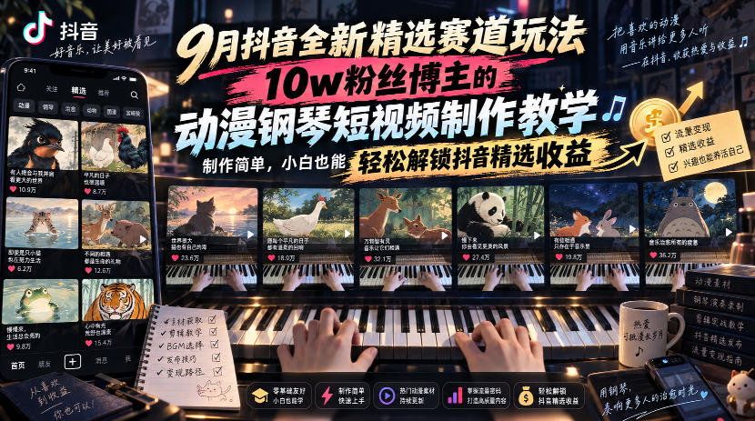 9月抖音全新精选赛道玩法,10w粉丝博主的动漫钢琴短视频制作教学,制作简单,小白也能轻松解锁抖音精选收益-副业网