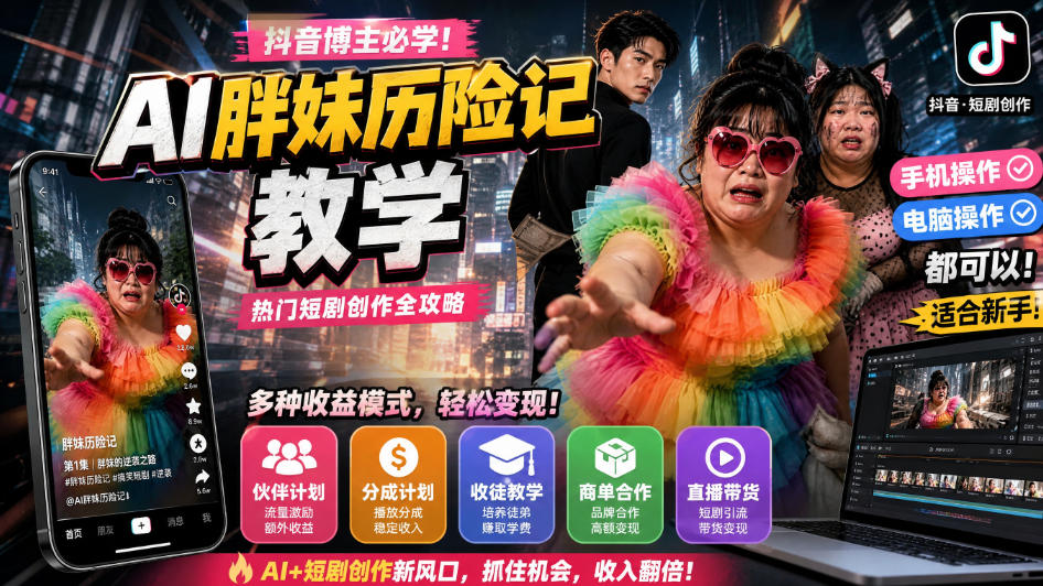 抖音博主的AI胖妹历险记教学,伙伴计划+分成计划+收徒+商单等多种收益,适合新手,手机电脑都可以操作-副业网