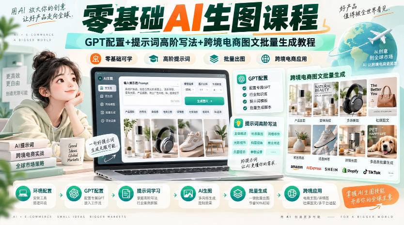 零基础AI生图课程,GPT配置+提示词高阶写法+跨境电商图文批量生成教程-副业网