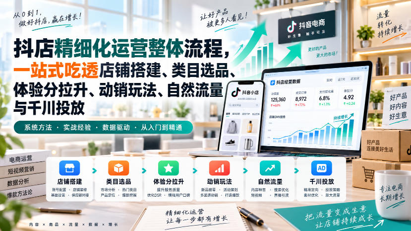 李哥电商-抖店精细化运营整体流程,一站式吃透店铺搭建、类目选品、体验分拉升、动销玩法、自然流量与千川投放-副业网