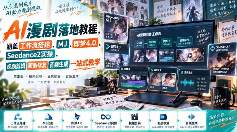 AI漫剧落地教程,涵盖工作流搭建、MJ、即梦4.0、Seedance2实操,视频剪辑画质修复音频生成一站式教学-副业网