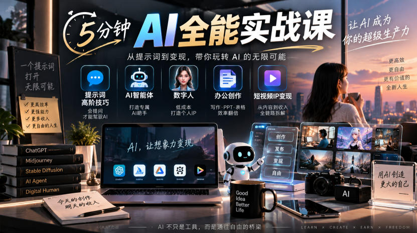 5分钟AI全能实战课|提示词高阶技巧+AI智能体+数字人+办公创作+短视频IP变现全教程-副业网