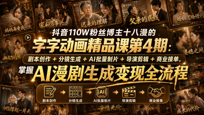 抖音110W粉丝博主十八漫的字字动画精品课第4期:剧本创作+分镜生成+剪辑+商业接单,掌握AI漫剧生成变现全流程(更新0916)-副业网