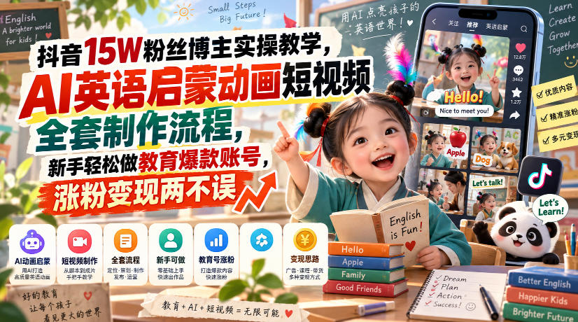 抖音15W粉丝博主实操教学,AI英语启蒙动画短视频全套制作流程,新手轻松做教育爆款账号,涨粉变现两不误-副业网