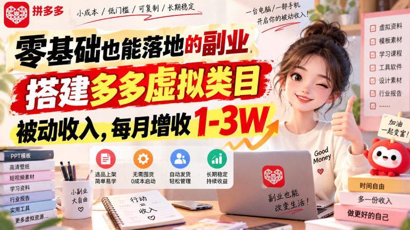 零基础也能落地的副业,搭建多多虚拟类目被动收入,每月增收1-3W【揭秘】-副业网