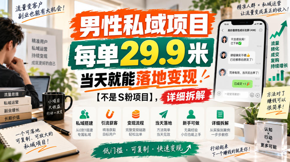男性私域项目,每单29.9米,当天就能落地变现【不是S粉项目】,详细拆解-副业网