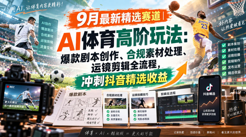 某大佬的9月最新精选赛道之AI体育顶级玩法,爆款剧本创作、版权规避、运镜剪辑全流程,稳拿抖音精选收益-副业网