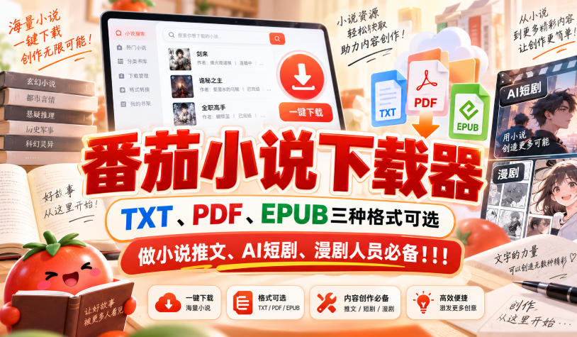 番茄小说下载器,TXT、PDF、EPUB三种格式可选,做小说推文、AI短剧、漫剧人员必备!!!-副业网