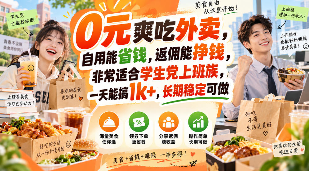 0元爽吃外卖,自用能省钱,返佣能挣钱,非常适合学生党上班族,一天能搞1k+,长期稳定可做-副业网
