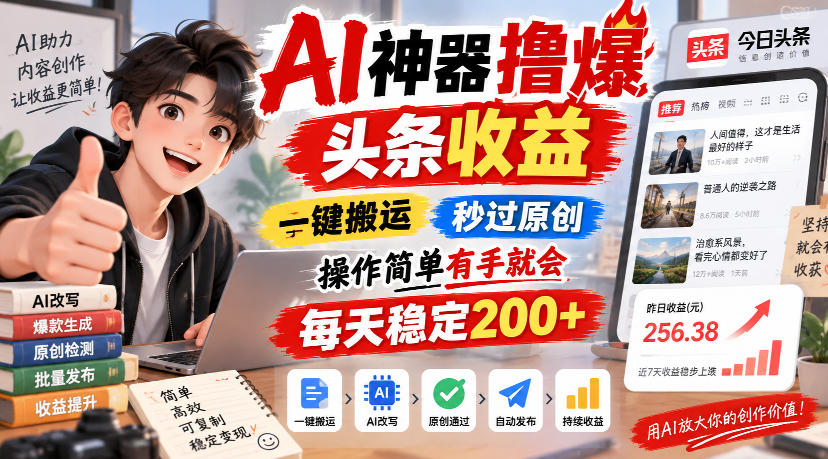 AI神器撸爆头条收益,一键搬运,秒过原创,操作简单有手就会,每天稳定200+【揭秘】-副业网
