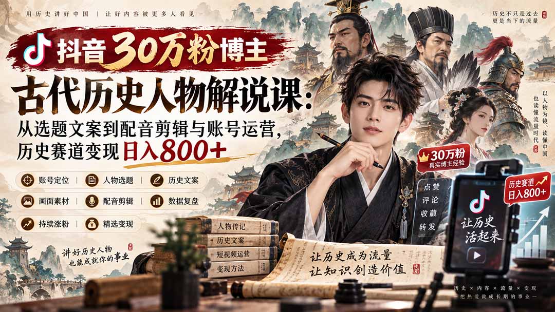 图片[2]-抖音30万粉博主古代历史人物解说课：从选题文案到配音剪辑与账号运营，历史赛道变现日入800+-副业网