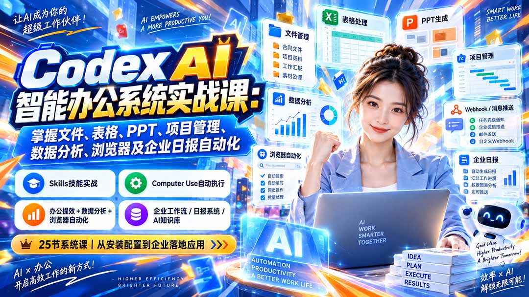Codex AI智能办公系统实战课:掌握文件、表格、PPT、项目管理、数据分析、浏览器及企业日报自动化-副业网