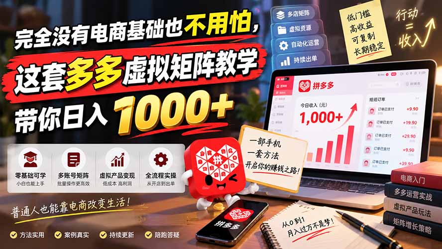 完全没有电商基础也不用怕,这套多多虚拟矩阵教学带你日入 1000+-副业网