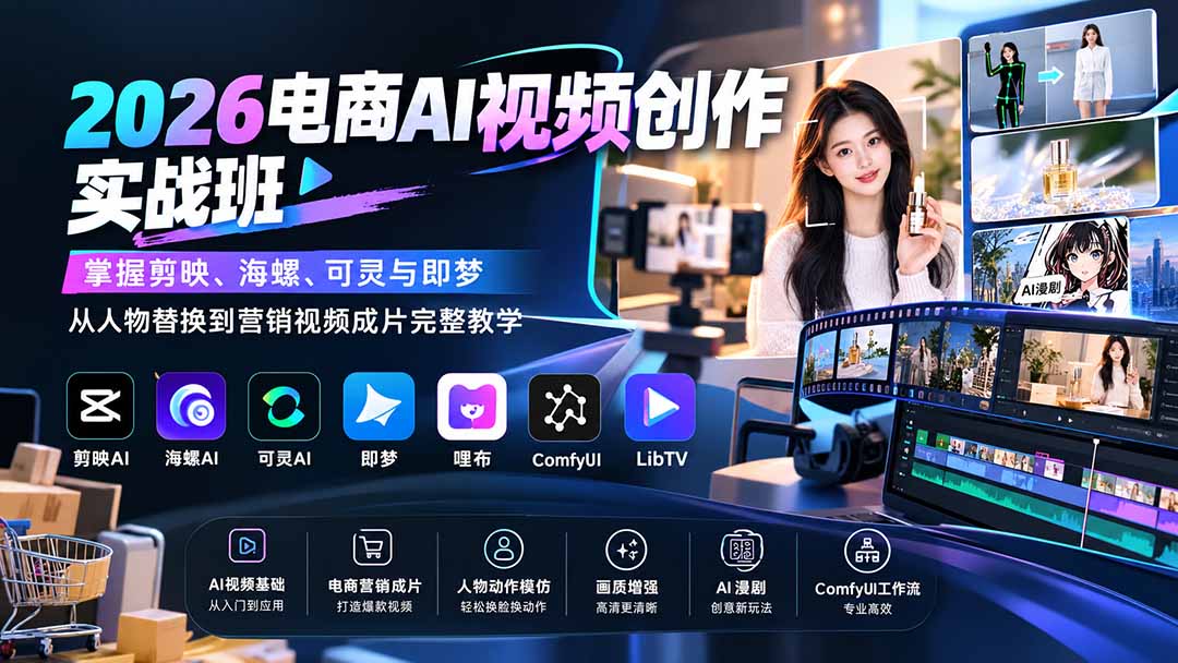 2026电商AI视频创作实战班:掌握剪映、海螺、可灵与即梦,从人物替换到营销视频成片完整教学-副业网