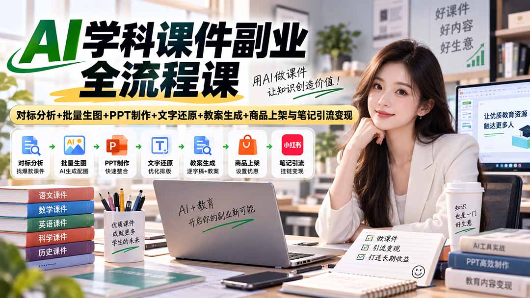 AI学科课件副业全流程课|对标分析+批量生图+PPT制作+文字还原+教案生成+商品上架与笔记引流变现-副业网