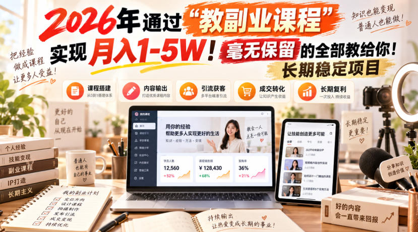 2026年通过“教副业课程”实现月入1-5W!毫无保留的全部教给你!长期稳定项目-副业网