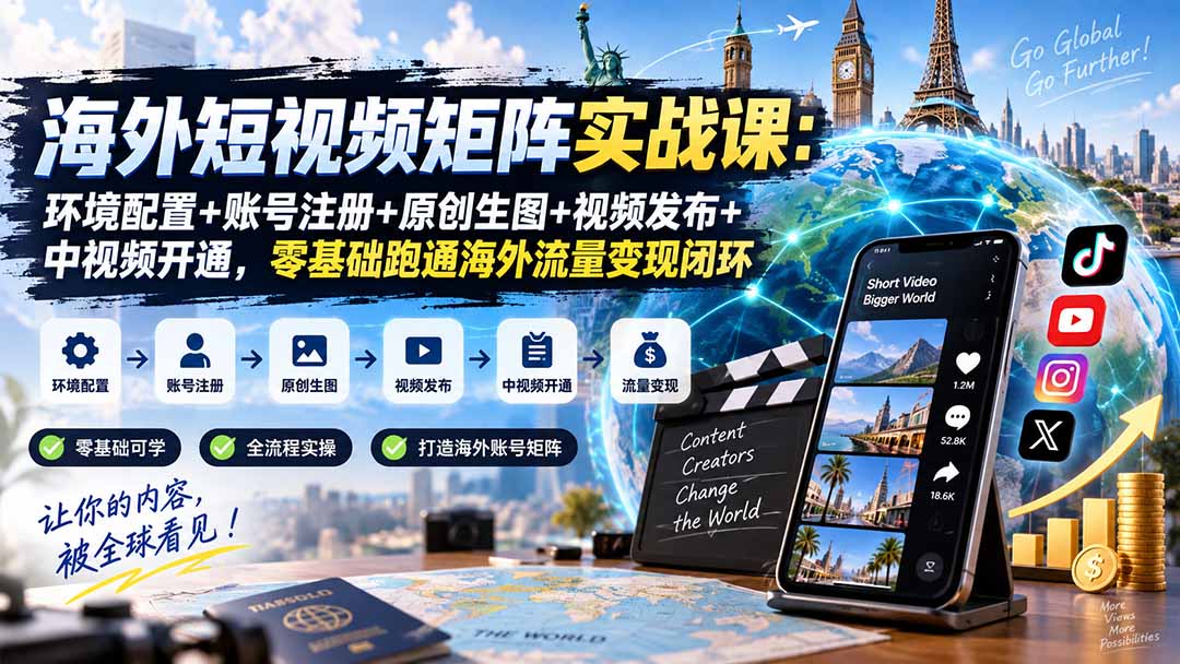 海外短视频矩阵实战课:环境配置+账号注册+原创生图+视频发布+中视频开通,零基础跑通海外流量变现闭环-副业网