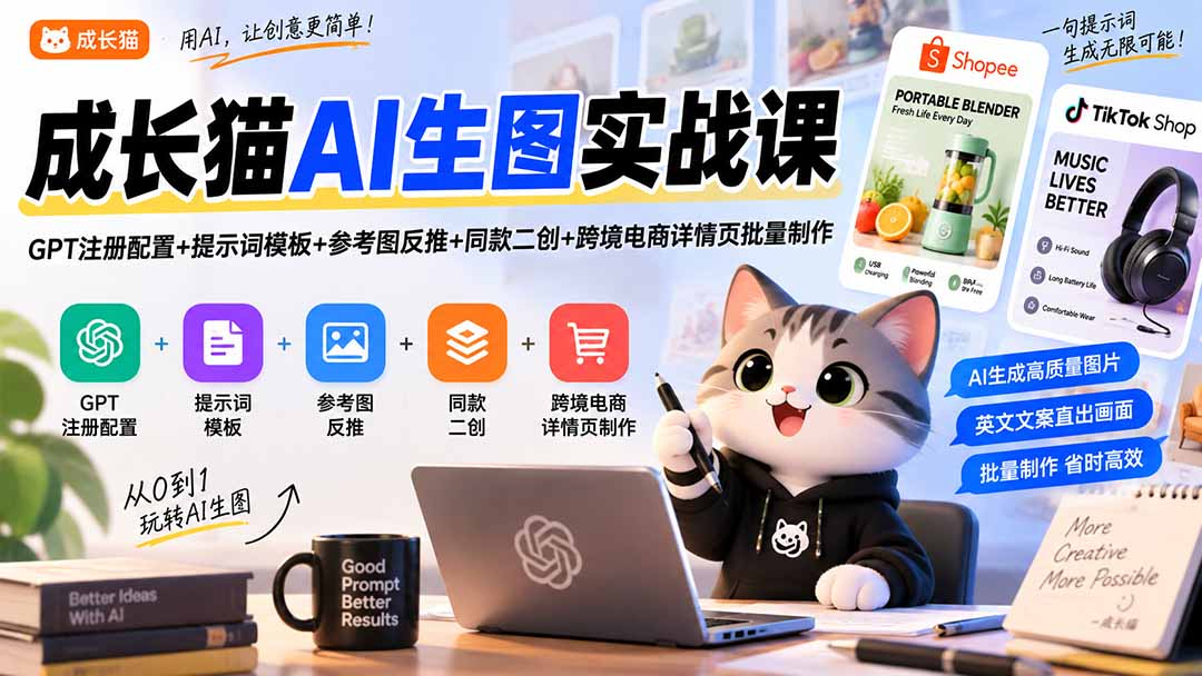 成长猫AI生图实战课|GPT注册配置+提示词模板+参考图反推+同款二创+跨境电商详情页批量制作-副业网