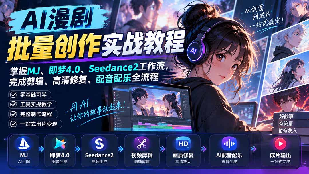 AI漫剧批量创作实战教程:掌握MJ、即梦4.0、Seedance2工作流,完成剪辑、高清修复、配音配乐全流程-副业网