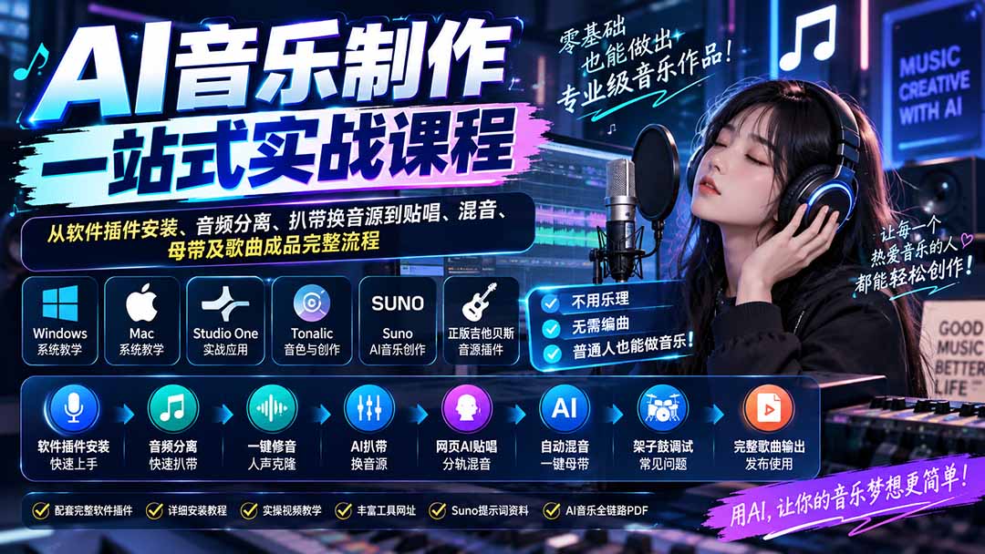 AI音乐制作一站式实战课程:从软件插件安装、音频分离、扒带换音源到贴唱、混音、母带及歌曲成品完整流程-副业网