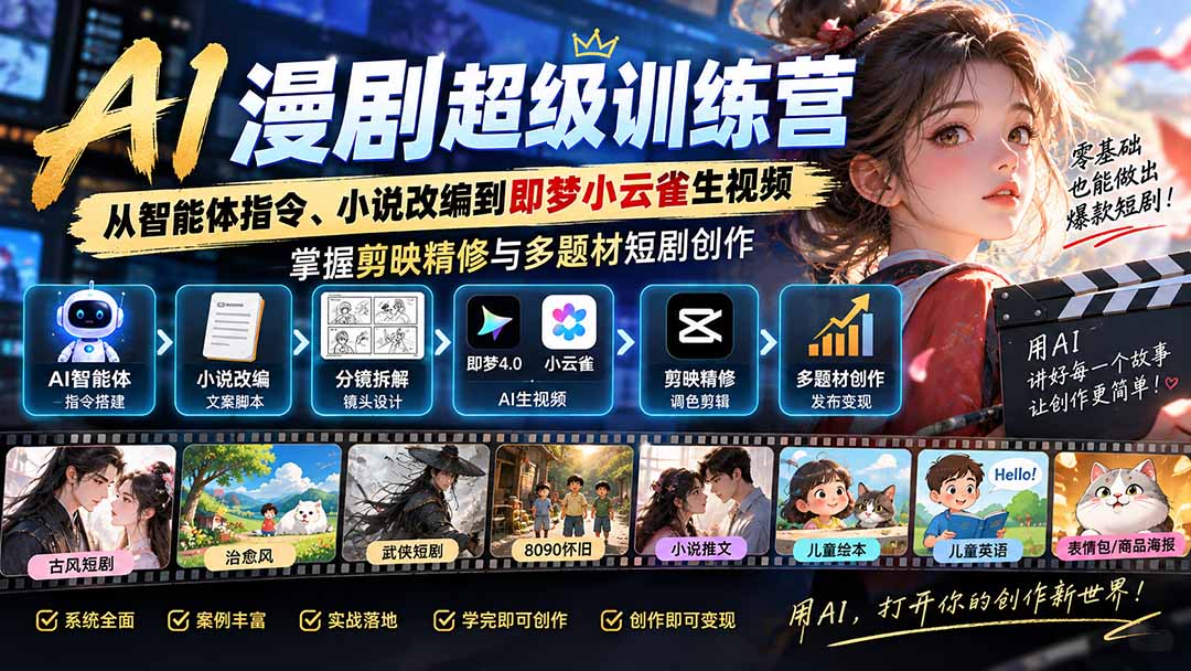 AI漫剧超级特训营:从智能体指令、小说改编到即梦小云雀生视频,掌握剪映精修与多题材短剧创作-副业网